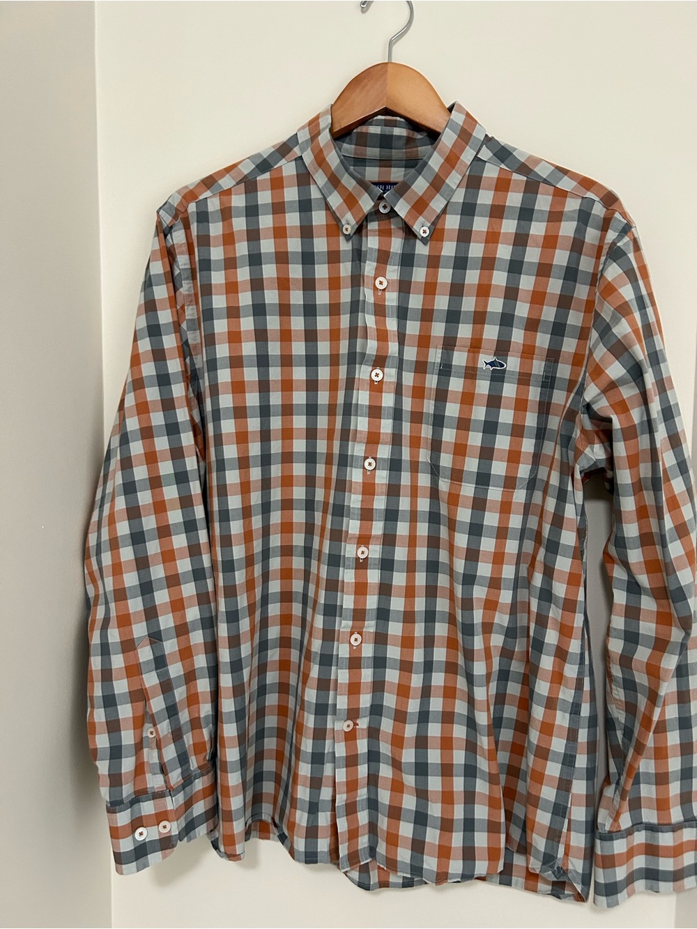 Fish Hippie Button-Down Plaid Shirt in Rust & Gray/Green Men's Long Sleeve Shirt